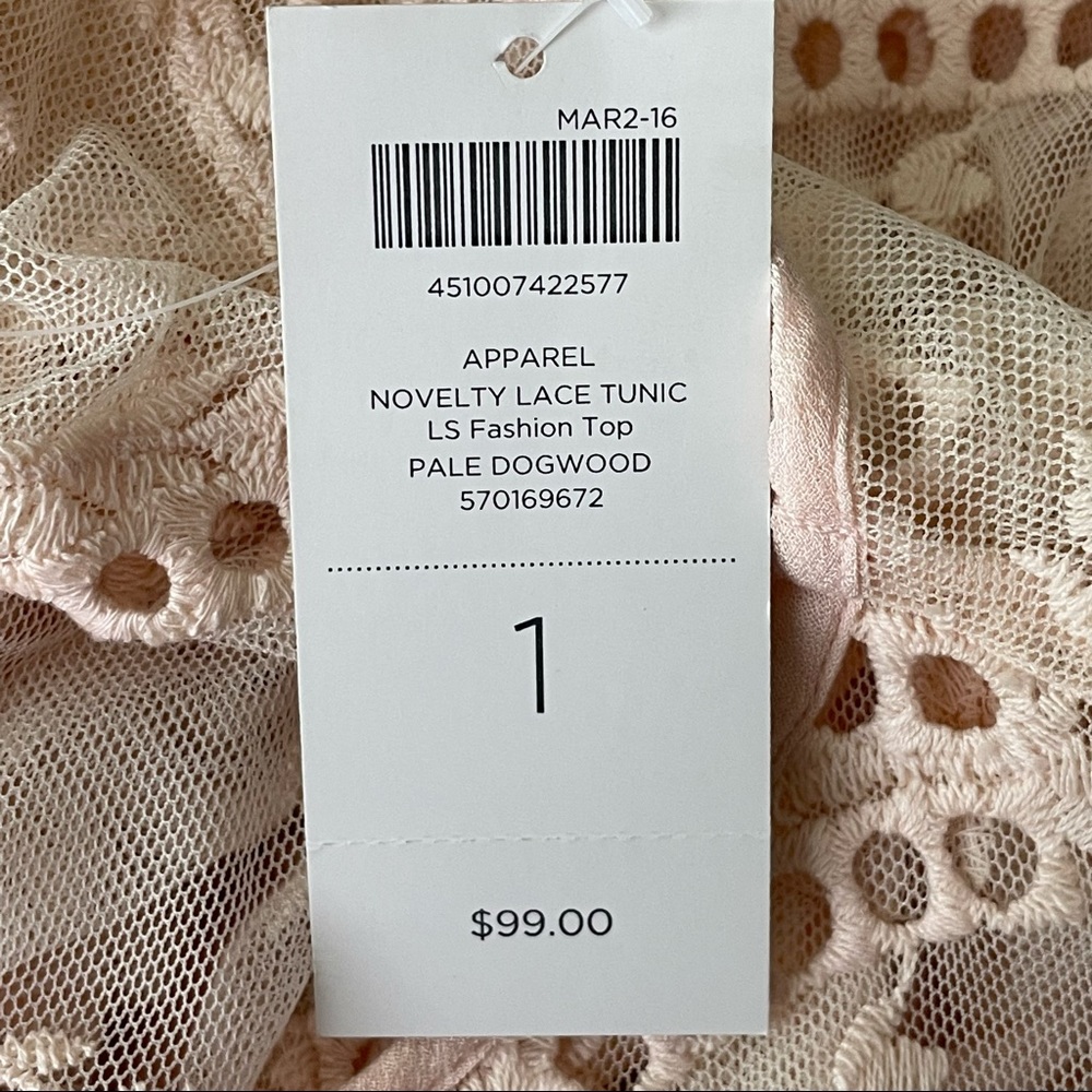 CHICO’S NWT NOVELTY LACE TUNIC LONG SLEEVE FASHION TOP PALE DOGWOOD LIGHT BLUSH - Picture 7 of 12